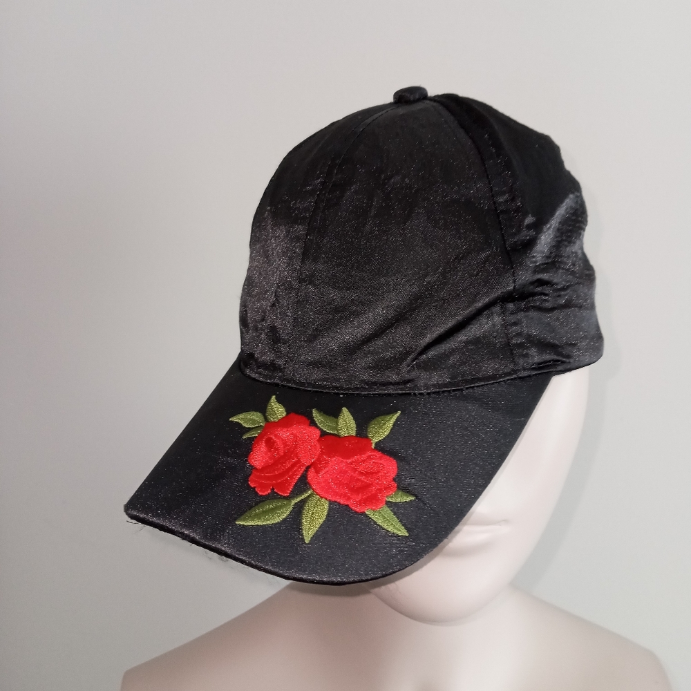 Black Satin baseball cap with red rose embroidery statement hat